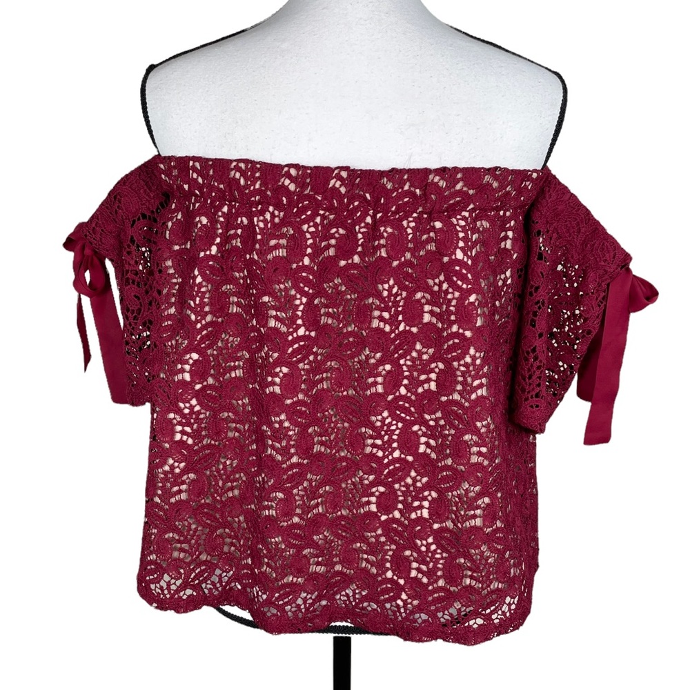 Moon River Burgundy Crochet Lace Off Shoulder Top - Picture 6 of 8